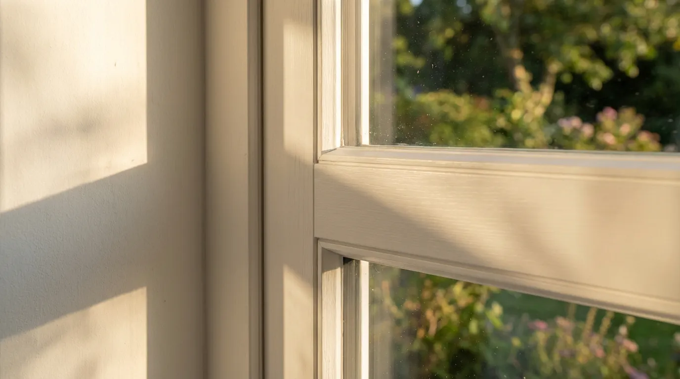 Gros plan d'un encadrement de fenêtre en bois peint en blanc pur RAL 9010, baigné par la lumière chaude du soleil, mettant en valeur la texture de la peinture.