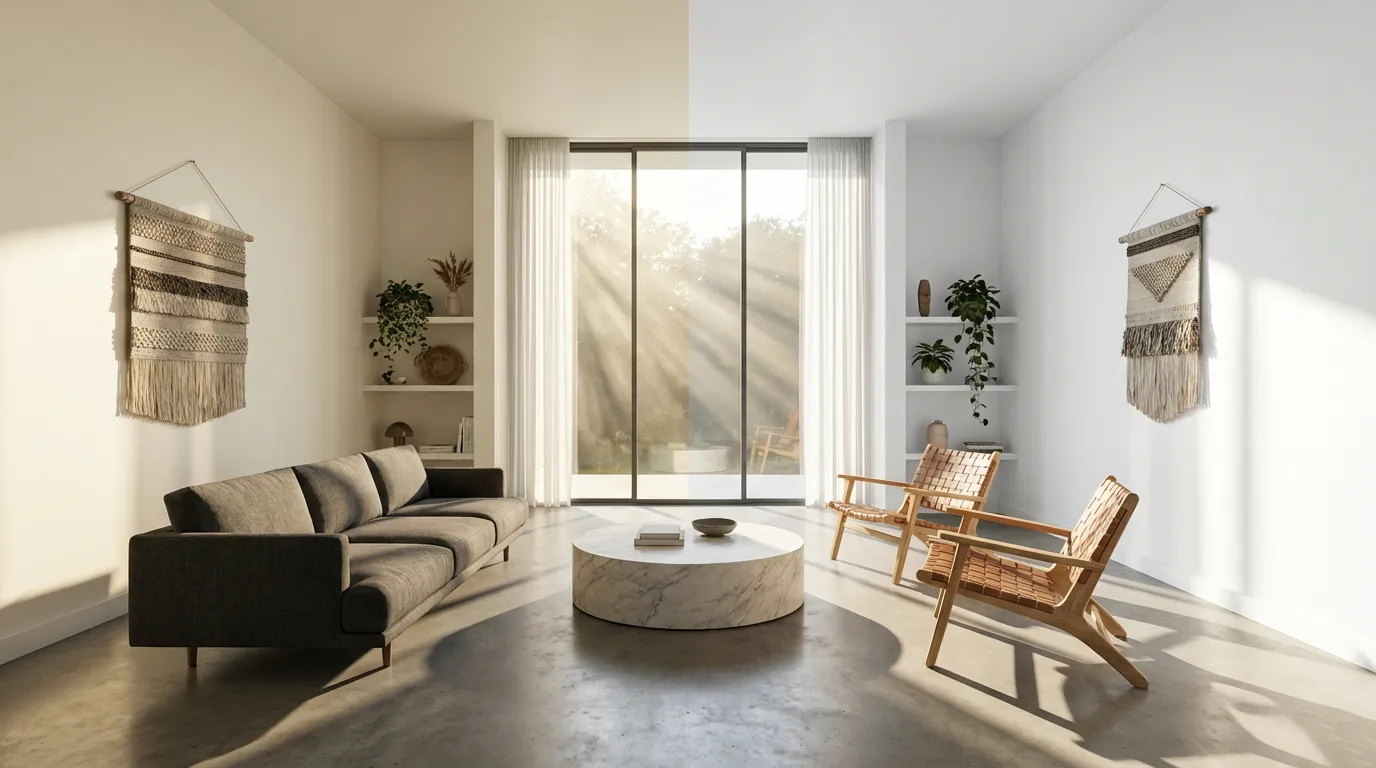 Intérieur de salon design et lumineux avec un mur peint en blanc crème RAL 9001 et un autre en blanc pur RAL 9010, illustrant la différence de teintes.