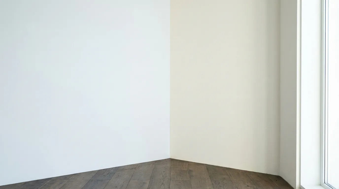 Comparaison visuelle dans le coin d'une pièce entre un mur peint en blanc froid et un mur en blanc chaud pour illustrer les différences de teintes.