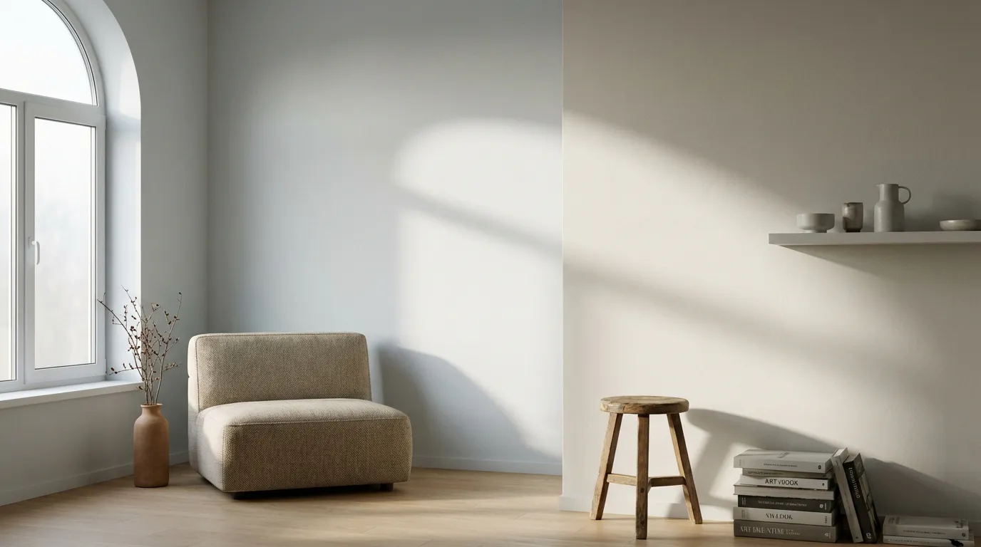 Intérieur de salon design et minimaliste où la lumière naturelle met en évidence la différence subtile entre un mur peint en blanc signal RAL 9003 et un mur adjacent en blanc pur RAL 9010.