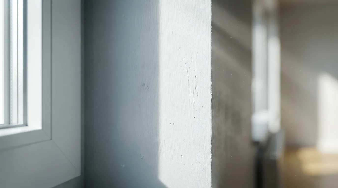 Lumière naturelle du soleil frappant un mur peint en blanc, révélant son sous-ton et sa texture à côté d'un encadrement de fenêtre.