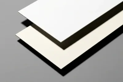 Gros plan sur deux nuanciers de peinture, RAL 9010 blanc pur et RAL 9001 blanc crème, montrant leur différence de teinte.