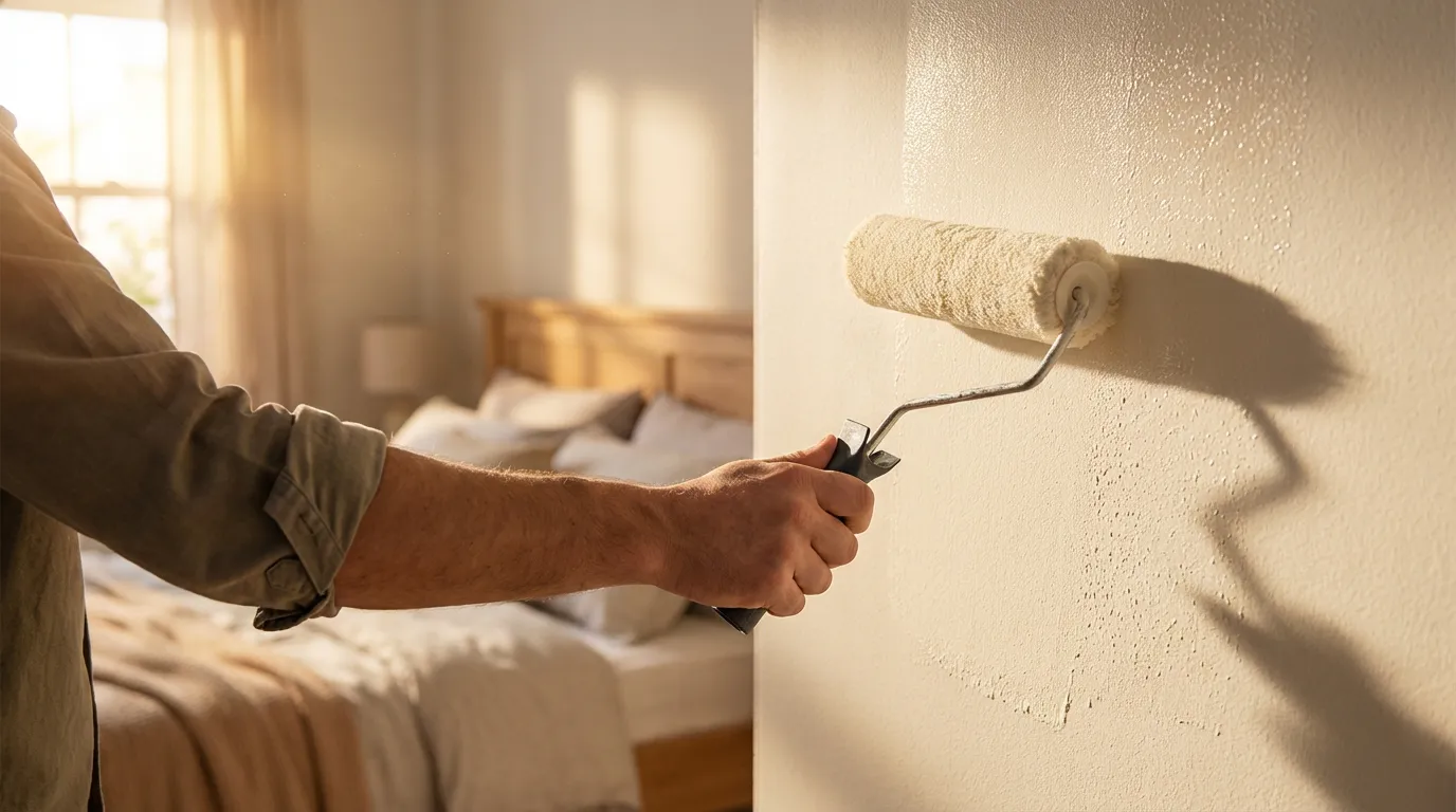 Un peintre applique une peinture blanc crème RAL 9001 sur le mur d'une chambre, créant une atmosphère chaleureuse et accueillante.