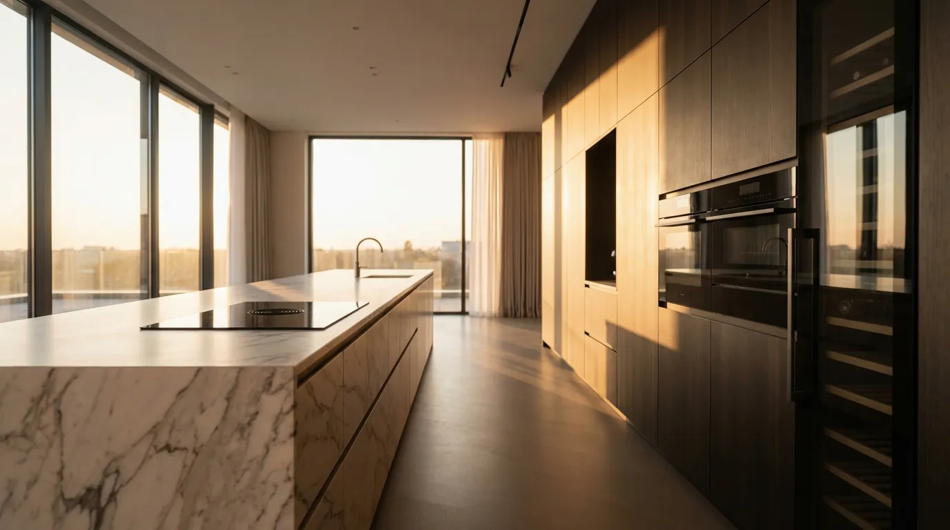 Une cuisine Arrex de luxe, spacieuse et moderne, avec un îlot central en marbre, baignée par la lumière chaude du coucher de soleil, illustrant le design italien haut de gamme.