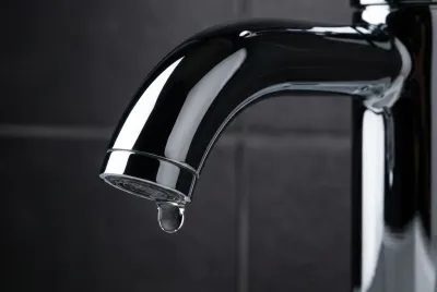 Gros plan d'une goutte d'eau tombant d'un robinet Jacuzzi design, symbolisant la pureté et la qualité.