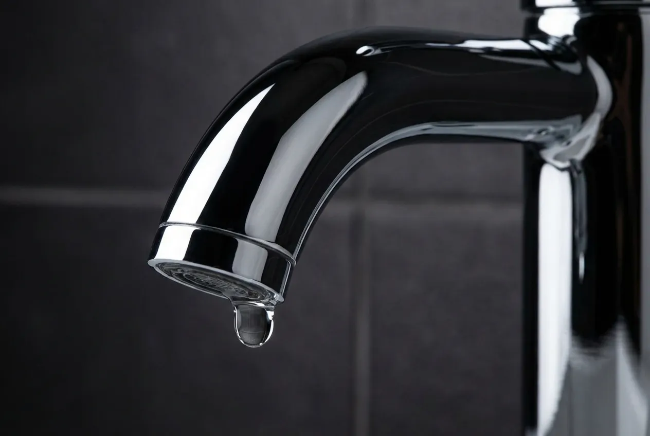 Gros plan d'une goutte d'eau tombant d'un robinet Jacuzzi design, symbolisant la pureté et la qualité.