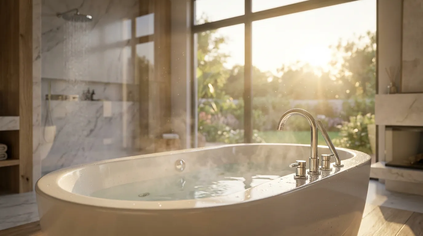Vue cinématographique d'une robinetterie de luxe Jacuzzi installée sur une baignoire dans une salle de bain moderne et sereine au coucher du soleil.