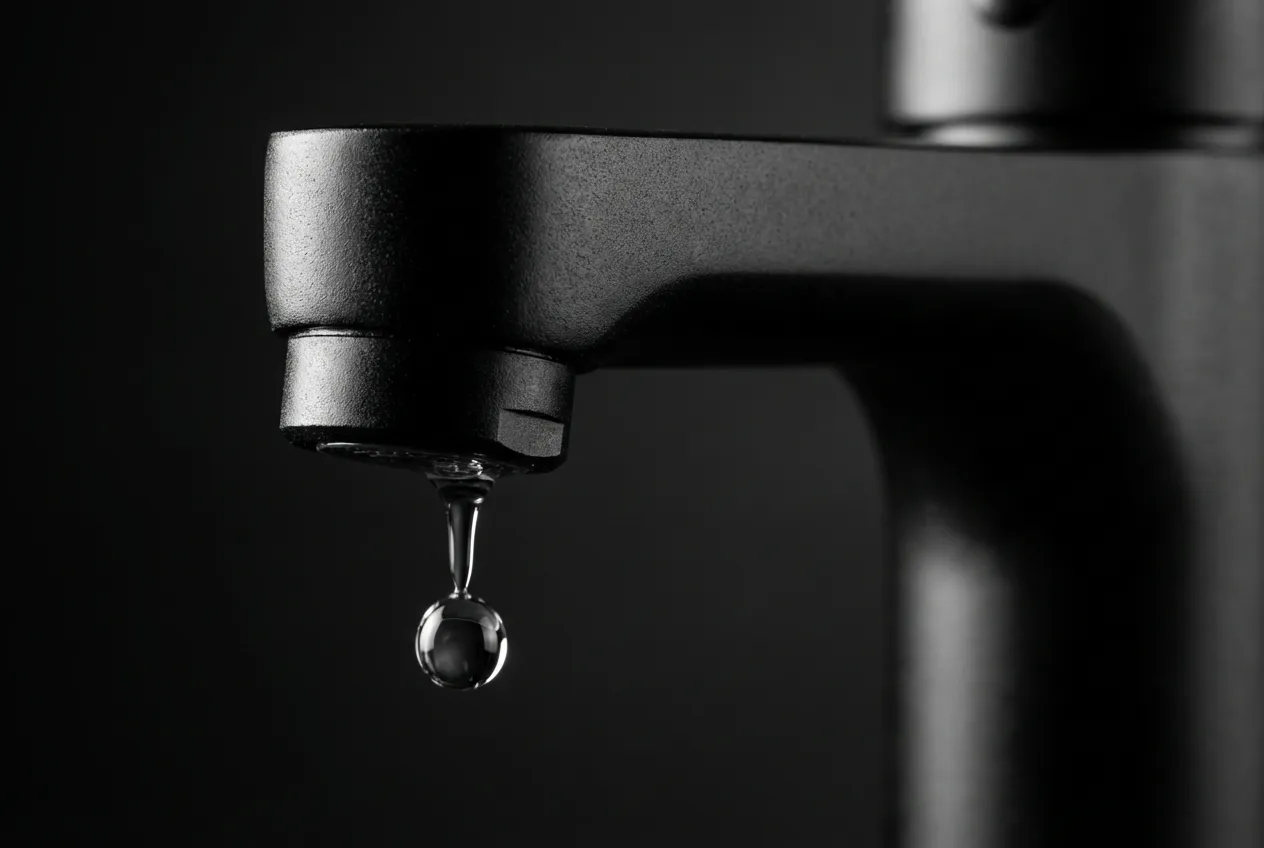 Gros plan d'un robinet noir mat design avec une goutte d'eau, symbolisant l'élégance et le contraste des sanitaires noirs.