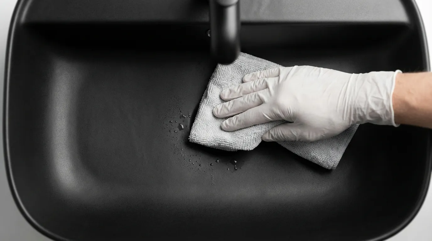 Personne nettoyant avec soin un lavabo en céramique noire mate à l'aide d'un chiffon doux, illustrant l'un des contre-arguments : l'entretien des sanitaires noirs.