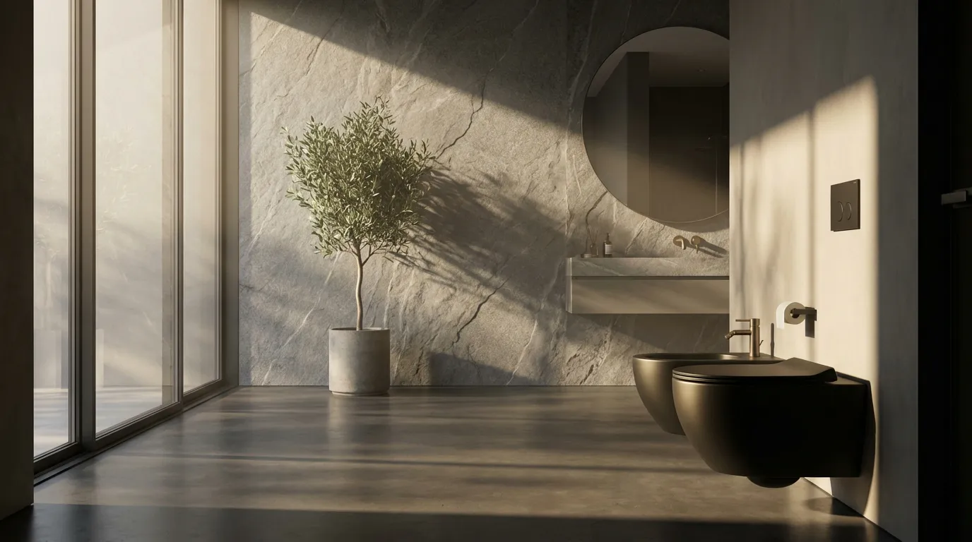 Salle de bain de luxe avec des sanitaires noirs mats, baignée d'une lumière douce et cinématographique, mettant en valeur un design élégant et moderne.