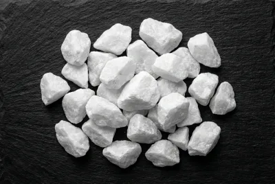 Gros plan macro sur la texture cristalline et épurée du segato di marmo blanc, sur un fond sombre contrastant.