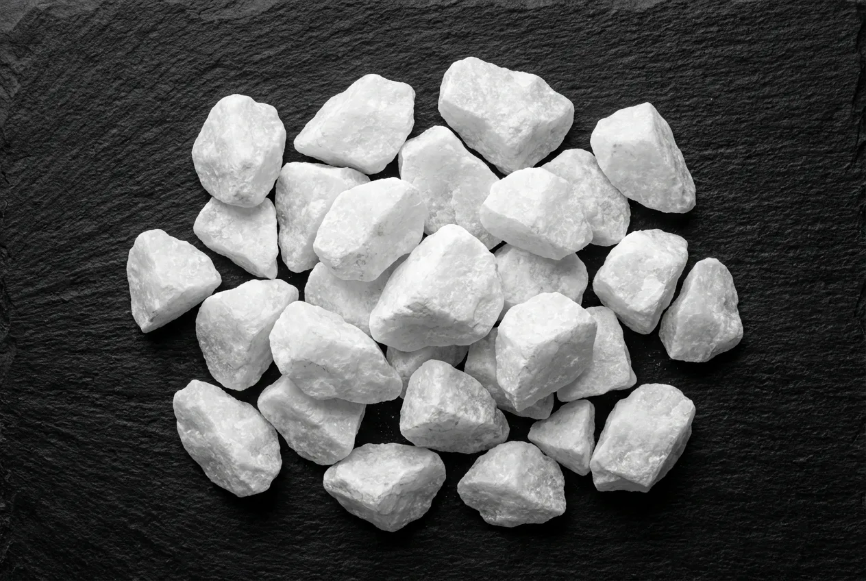 Gros plan macro sur la texture cristalline et épurée du segato di marmo blanc, sur un fond sombre contrastant.