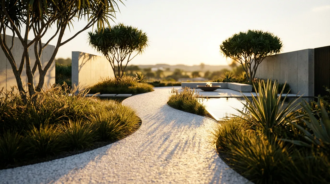 Vue panoramique d'un jardin moderne et luxueux au coucher du soleil, avec une allée immaculée en segato di marmo blanc qui serpente à travers une végétation luxuriante.
