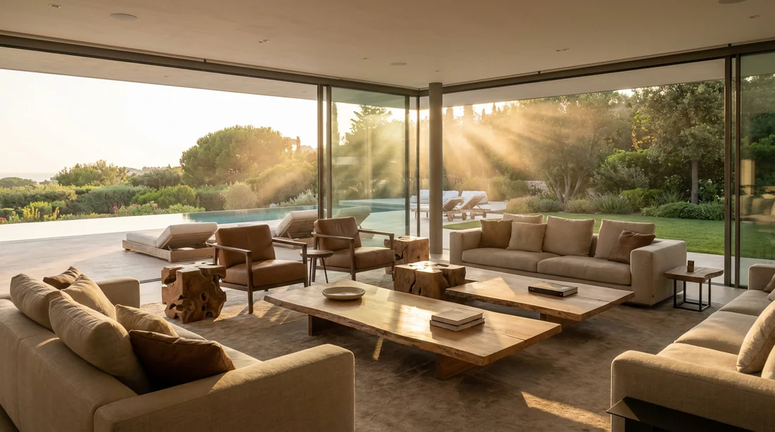 Vaste salon de luxe ouvert sur une terrasse verdoyante au coucher du soleil, incarnant le concept de 'la casa che vive'.