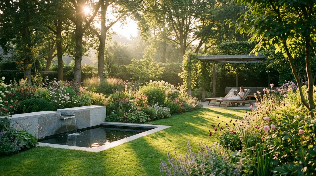 Vue panoramique d'un jardin paysager de luxe au coucher du soleil, avec une pelouse verdoyante et des parterres de fleurs colorés, créant un coin de paradis.