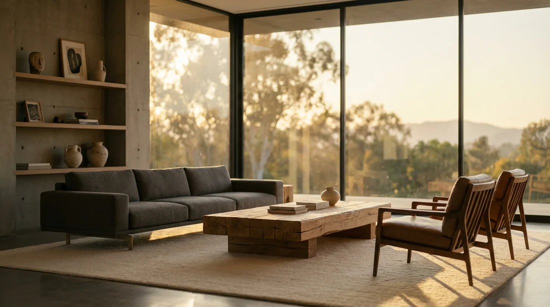Un salon minimaliste et luxueux, parfaitement ordonné, inondé par la lumière chaude du soleil couchant, symbolisant la sérénité qu'apporte une maison bien rangée.