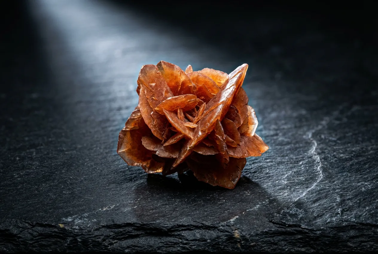 Gros plan iconique d'une rose du désert égyptienne aux couleurs vives et artificielles, posée sur un fond sombre et texturé qui fait ressortir sa forme unique.