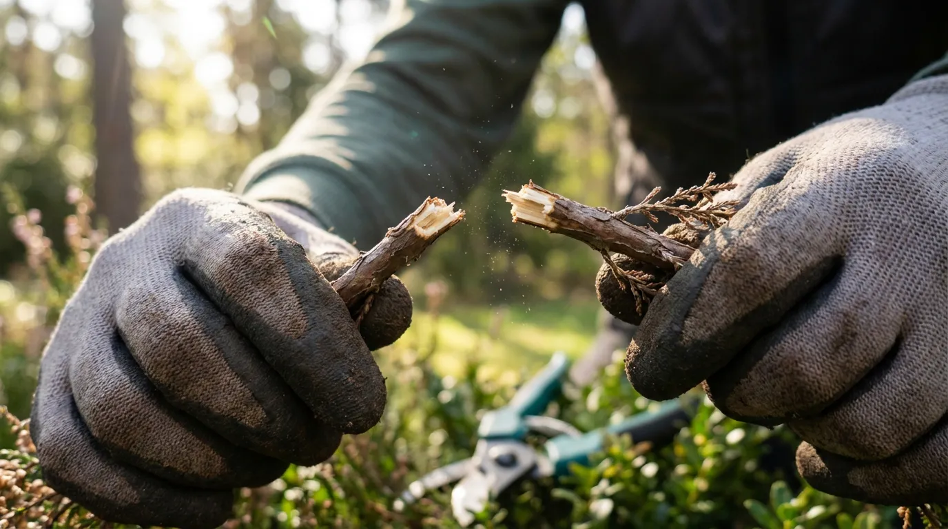 Des mains de jardinier cassent une brindille de bruyère sèche, qui se rompt nettement, un test infaillible pour confirmer que la plante est morte.