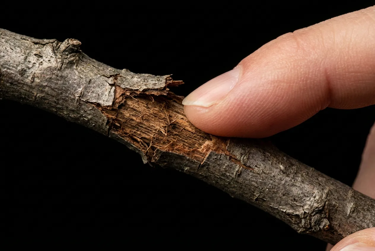 Gros plan du test de l'écorce sur une tige de bruyère pour vérifier si elle est morte.