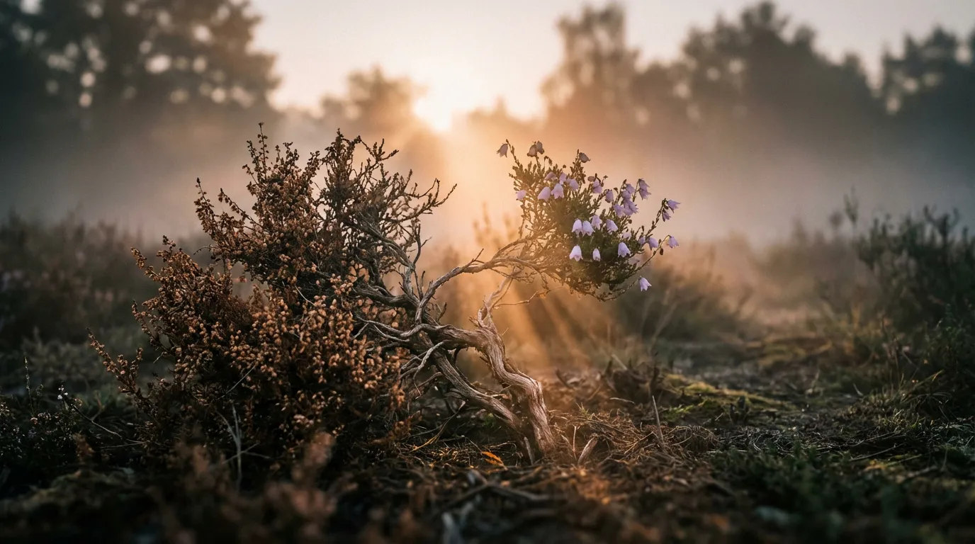 Une plante de bruyère partiellement morte dans un jardin brumeux, symbolisant le doute sur sa vitalité.