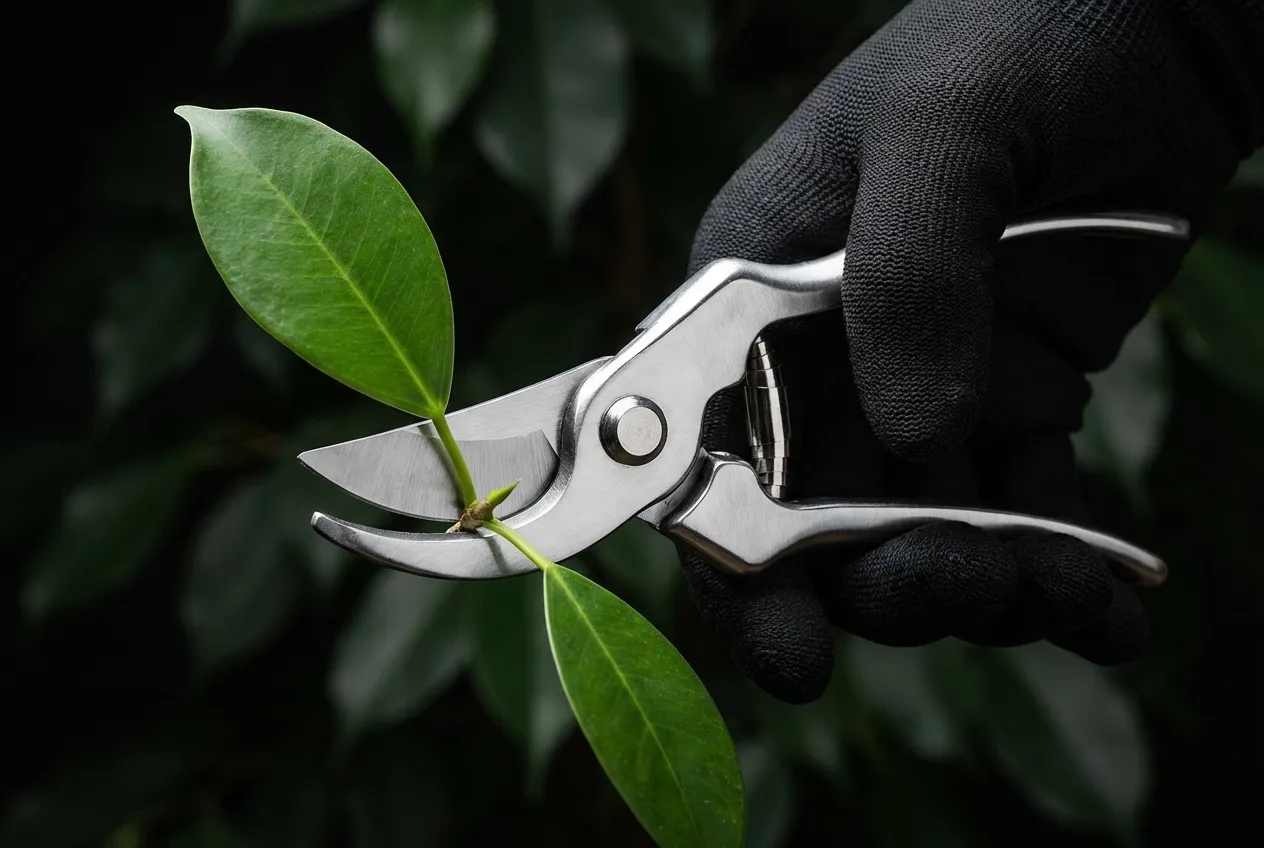 Gros plan sur une main gantée utilisant un sécateur professionnel pour tailler une branche de ficus sur un fond sombre.