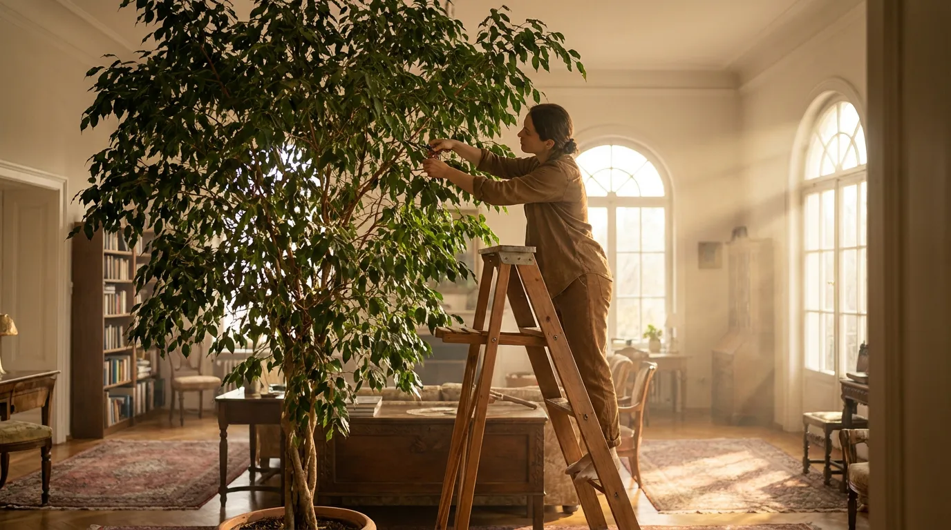 Une personne en train de tailler avec soin un grand ficus luxuriant qui atteint le plafond dans un salon lumineux et élégant.