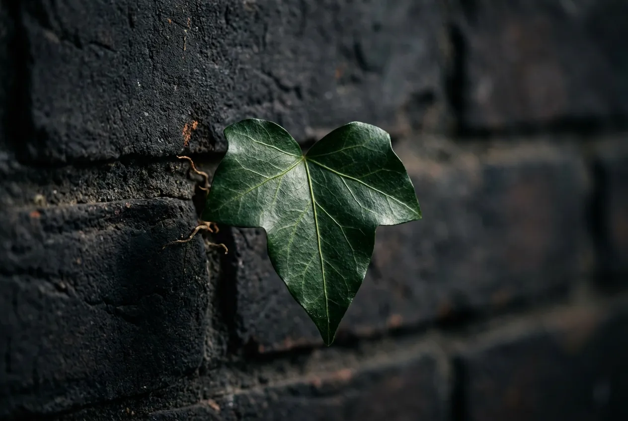 Dettaglio macro di una singola foglia di edera rampicante su un muro di mattoni scuri, con un forte contrasto che ne esalta la forma e la texture.