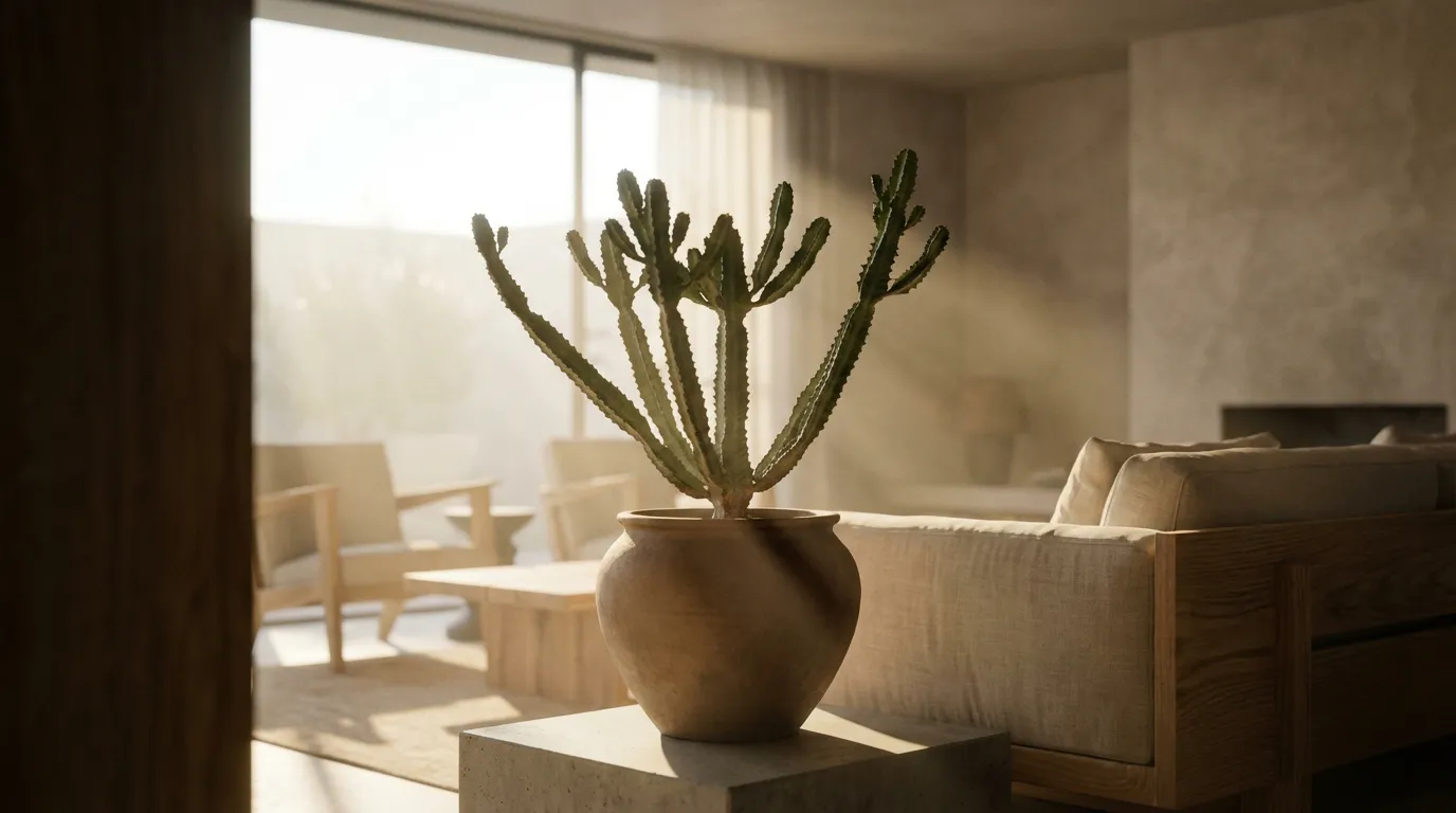 Fotografia cinematografica di una rigogliosa pianta di Euphorbia leuconeura in un luminoso soggiorno di design, simbolo di eleganza esotica.