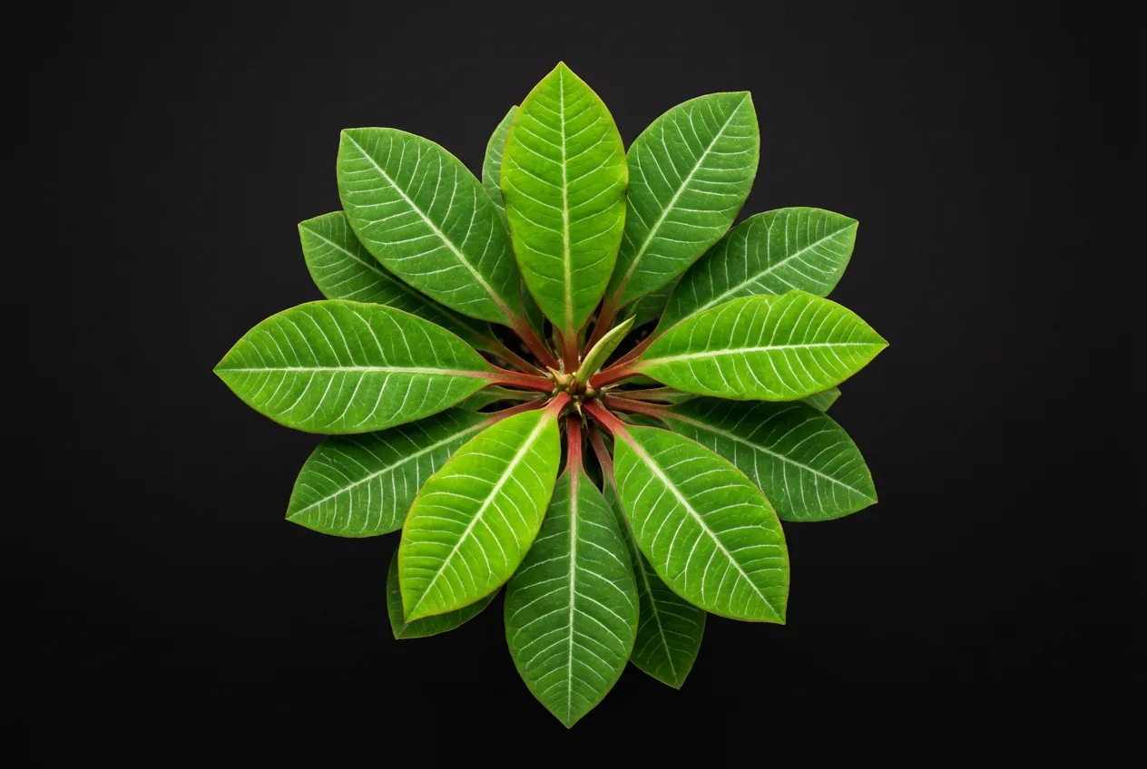 Miniatura iconica di una Euphorbia leuconeura vista dall'alto, con le sue foglie verdi disposte a corona su uno sfondo scuro.