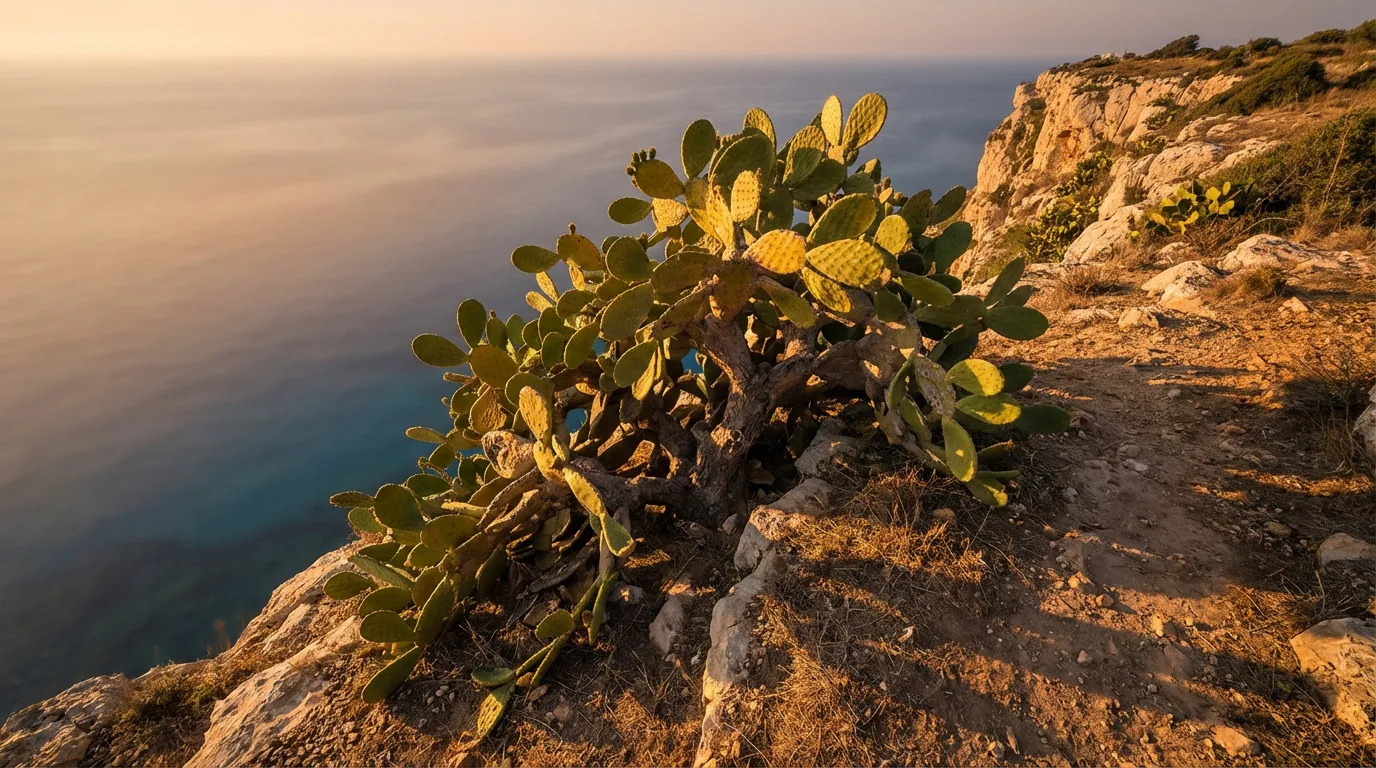 Figuier de Barbarie en lumière dorée Majestueux figuier de Barbarie au coucher du soleil sur une falaise méditerranéenne, symbolisant la beauté et la résilience de la plante.
