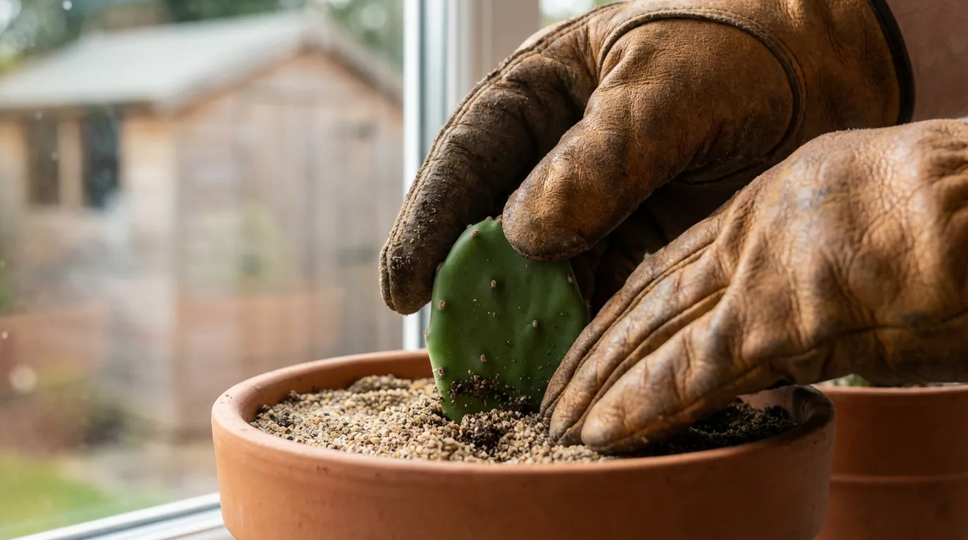 Mise en terre d'une bouture de figuier de Barbarie Personne avec des gants de jardinage plantant délicatement une raquette de figuier de Barbarie dans un pot en terre cuite.