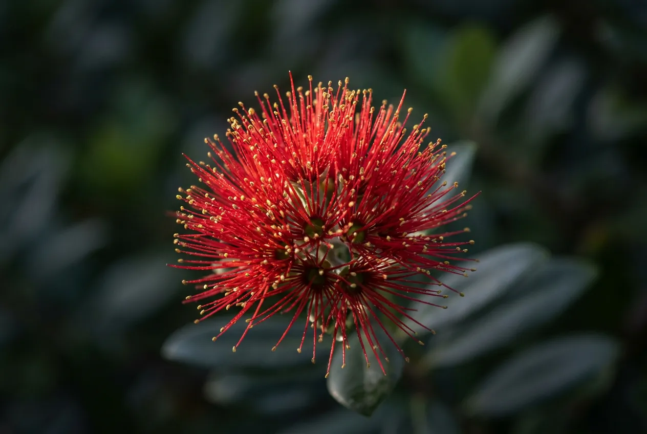 Gros plan sur une fleur rouge vif de Metrosideros avec un fond vert flouté, représentant une haie dense.