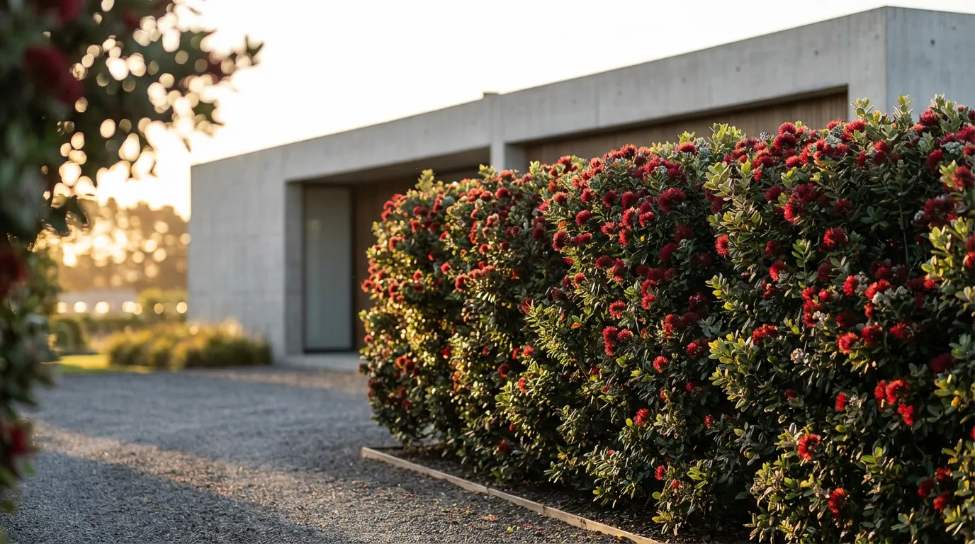 Haie de Metrosideros comme clôture de jardin Magnifique haie de Metrosideros en fleurs rouges servant de clôture luxuriante pour une maison moderne au coucher du soleil.