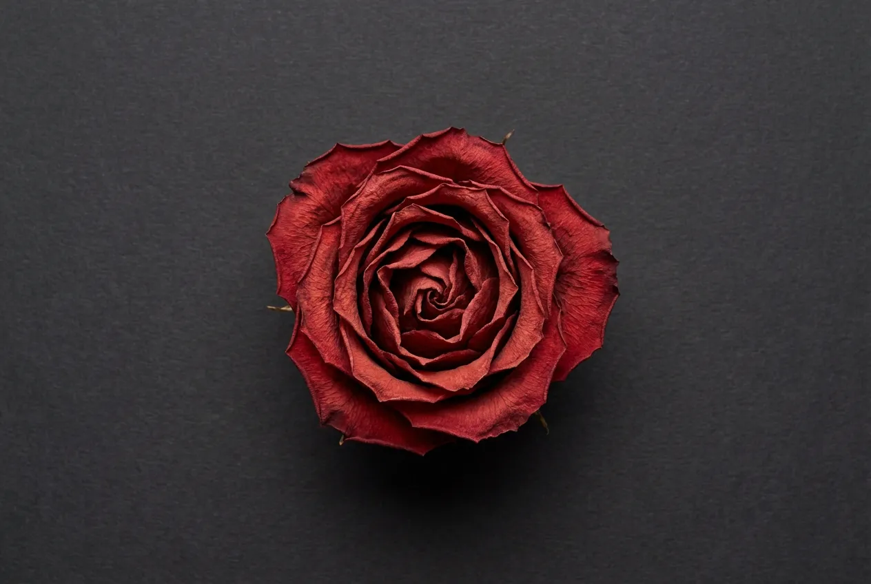 Gros plan macro d'une unique rose rouge séchée, parfaitement conservée, sur un fond sombre minimaliste et contrasté.