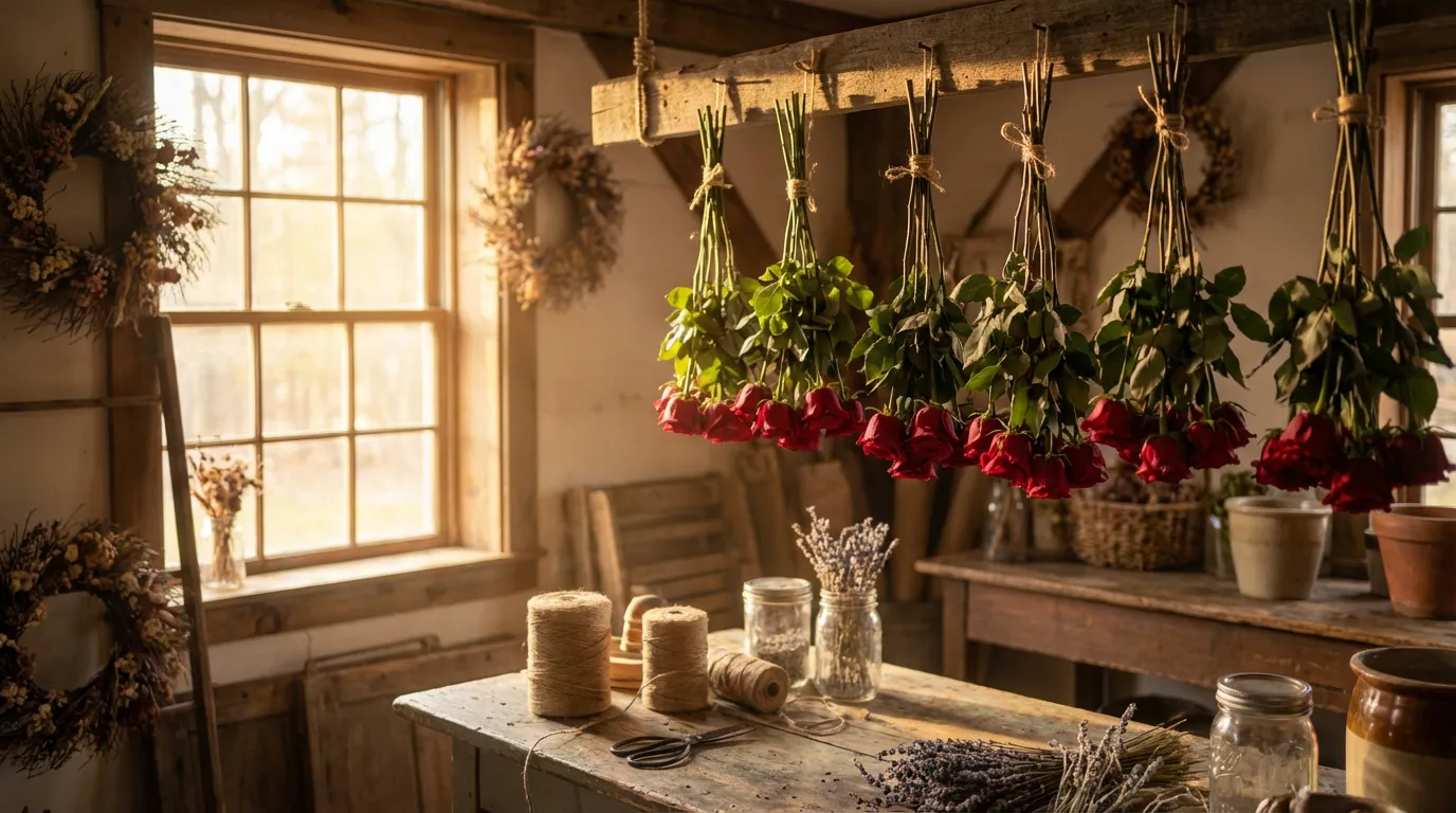 Plusieurs bouquets de roses rouges suspendues la tête en bas pour sécher à côté d'une fenêtre ensoleillée dans un atelier rustique.