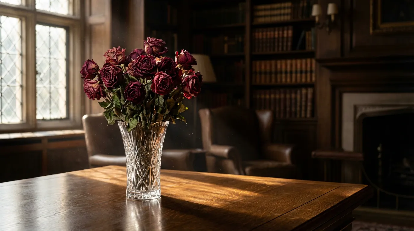 Un bouquet de roses sèches rouge foncé dans un vase en cristal, baigné d'une lumière cinématographique qui crée une atmosphère nostalgique et élégante.