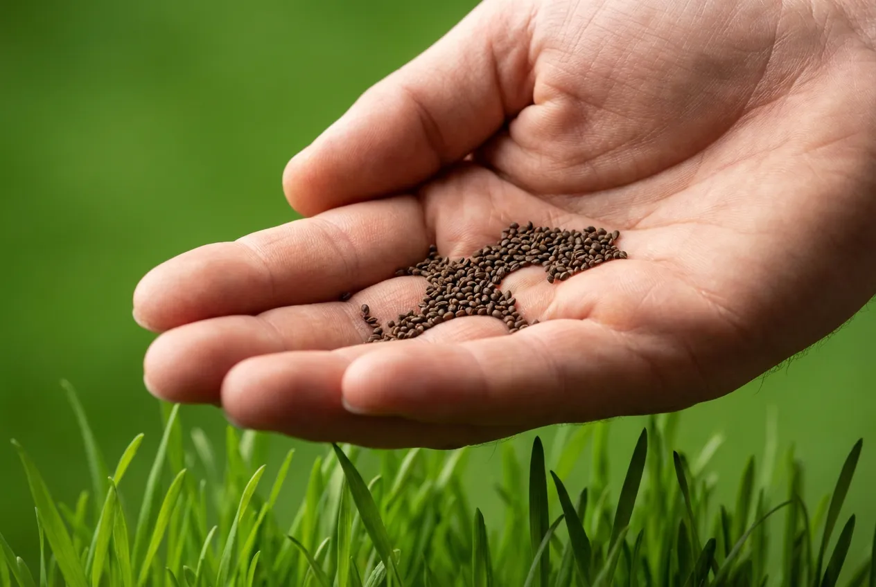 Gros plan sur une main tenant des graines de dichondra, prête à être semées sur un gazon vert vif en arrière-plan.