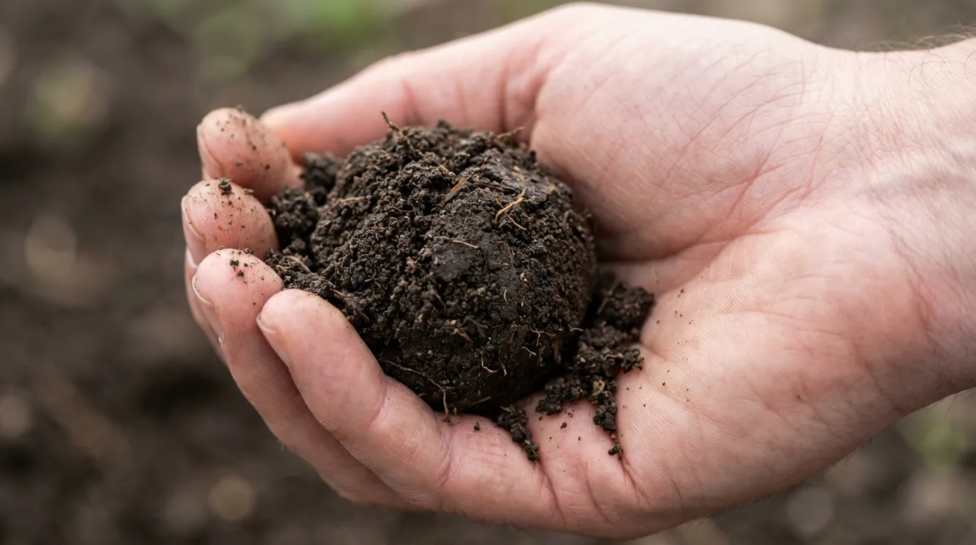Illustrazione del test pratico per l'umidità del terreno: una mano stringe una zolla di terra che mantiene la forma senza gocciolare.