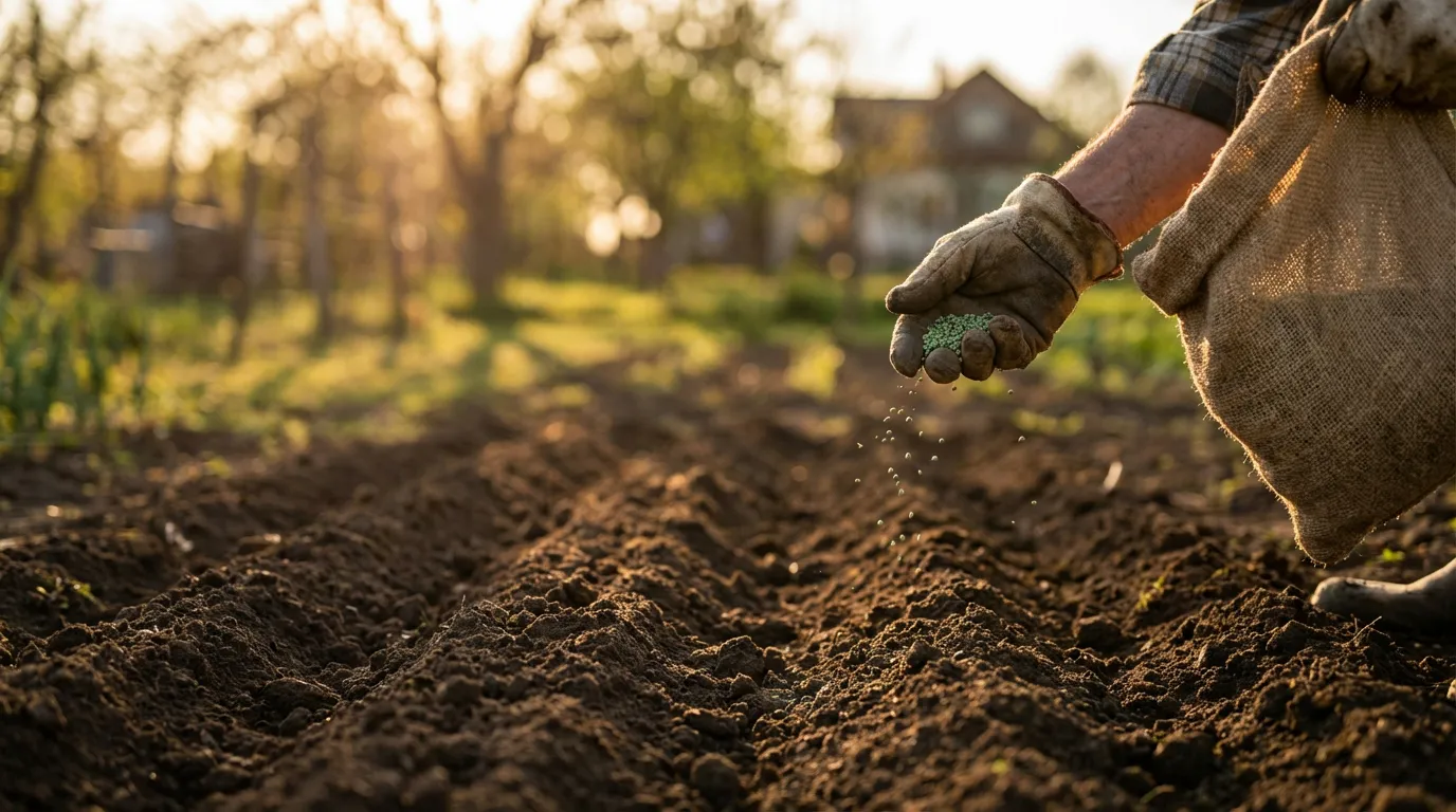 Un giardiniere semina a mano il prato su un terreno scuro e perfettamente umido al tramonto, con una luce cinematografica dorata.