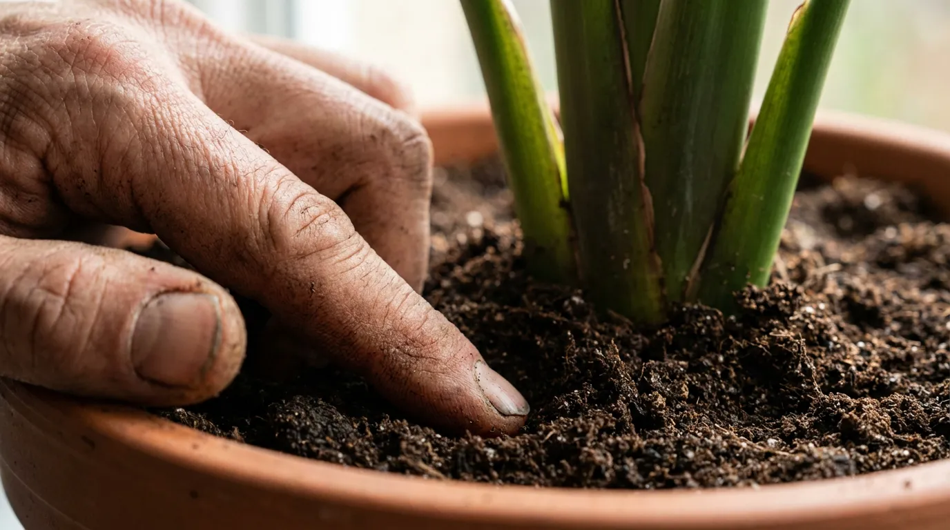 Mains d'une personne vérifiant l'humidité de la terre dans le pot d'une Strelitzia pour diagnostiquer un problème d'arrosage.