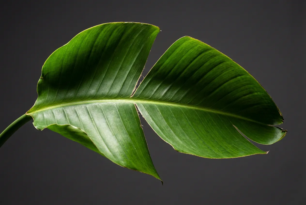 Gros plan iconique d'une feuille de Strelitzia nicolai déchirée sur un fond sombre et uni.