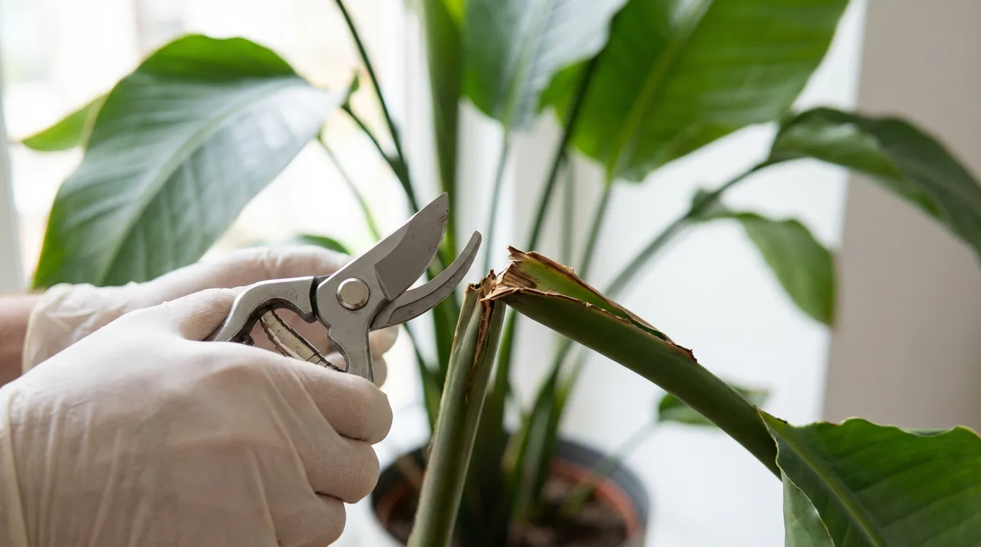 Personne s'apprêtant à tailler avec précaution une feuille abîmée d'une plante Strelitzia nicolai à l'aide d'un sécateur.