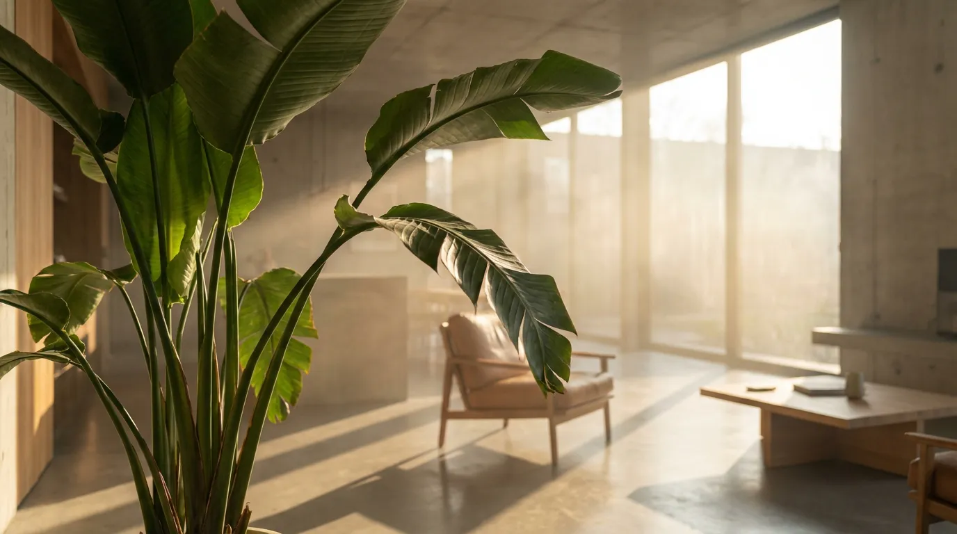 Une majestueuse plante Strelitzia nicolai dans un salon design, ses grandes feuilles fendues magnifiquement éclairées par la lumière du matin.