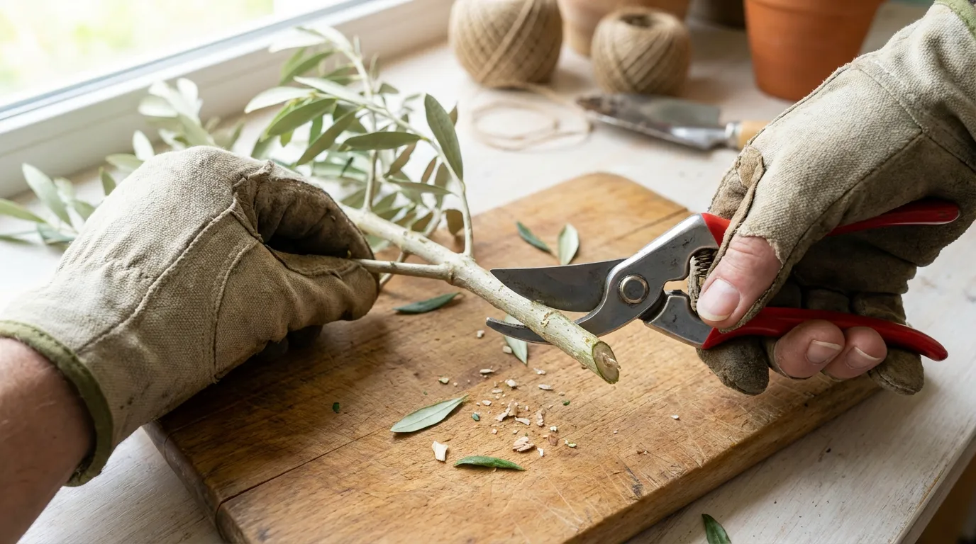 Mani esperte di un giardiniere che, con cesoie professionali, effettuano un taglio netto e obliquo alla base di un ramo d'olivo per preparare la talea.