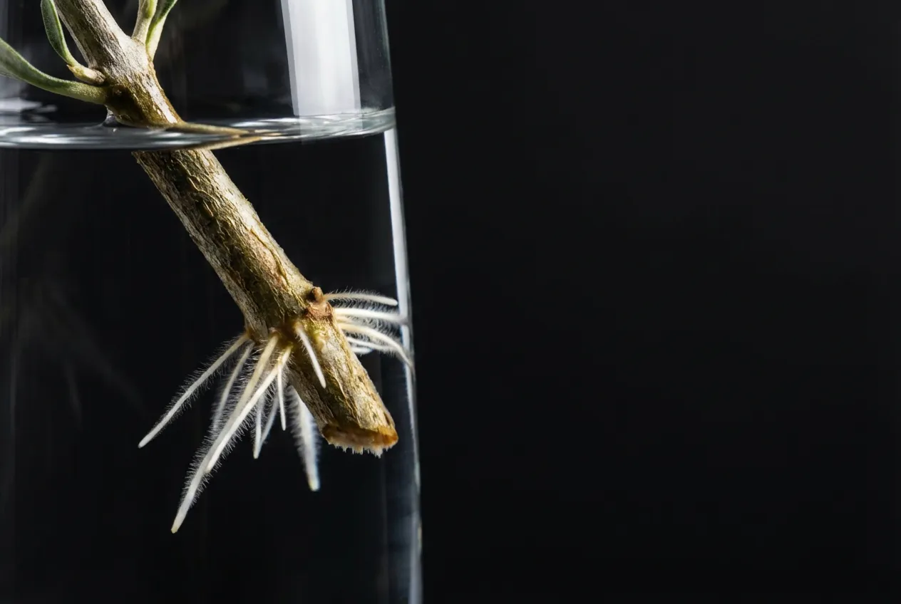 Primo piano macro delle delicate radici bianche che spuntano da una talea di olivo immersa in acqua, su uno sfondo scuro che ne esalta i dettagli.