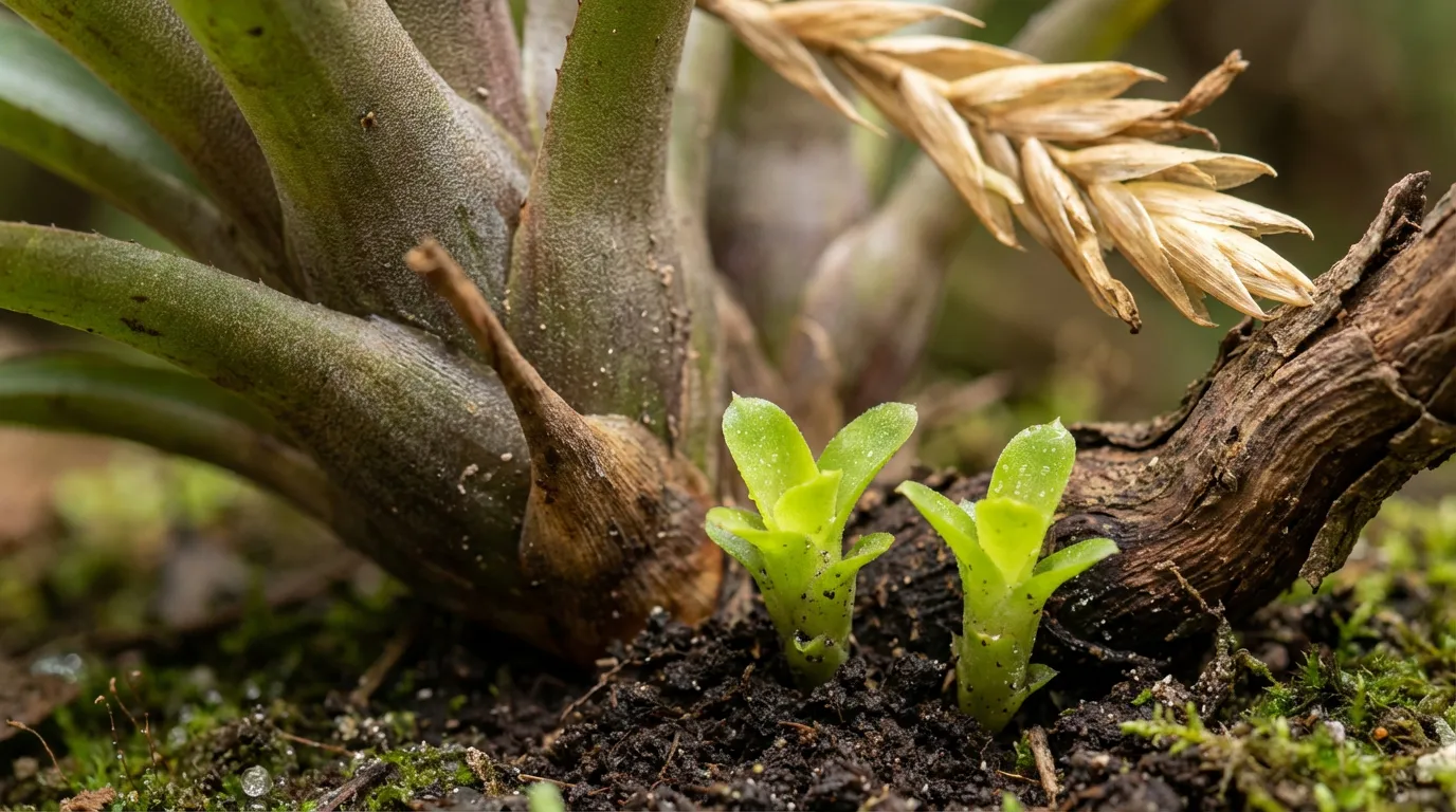 Illustration en gros plan des nouveaux polloni (rejets) verts qui poussent à la base d'une plante Vriesea mère, signe de la continuité de la vie.
