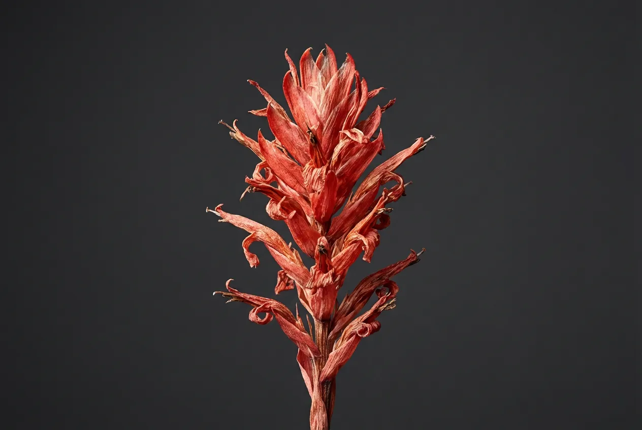 Miniature d'une fleur de Vriesea sèche, photographiée en gros plan sur un fond neutre pour une lisibilité maximale.