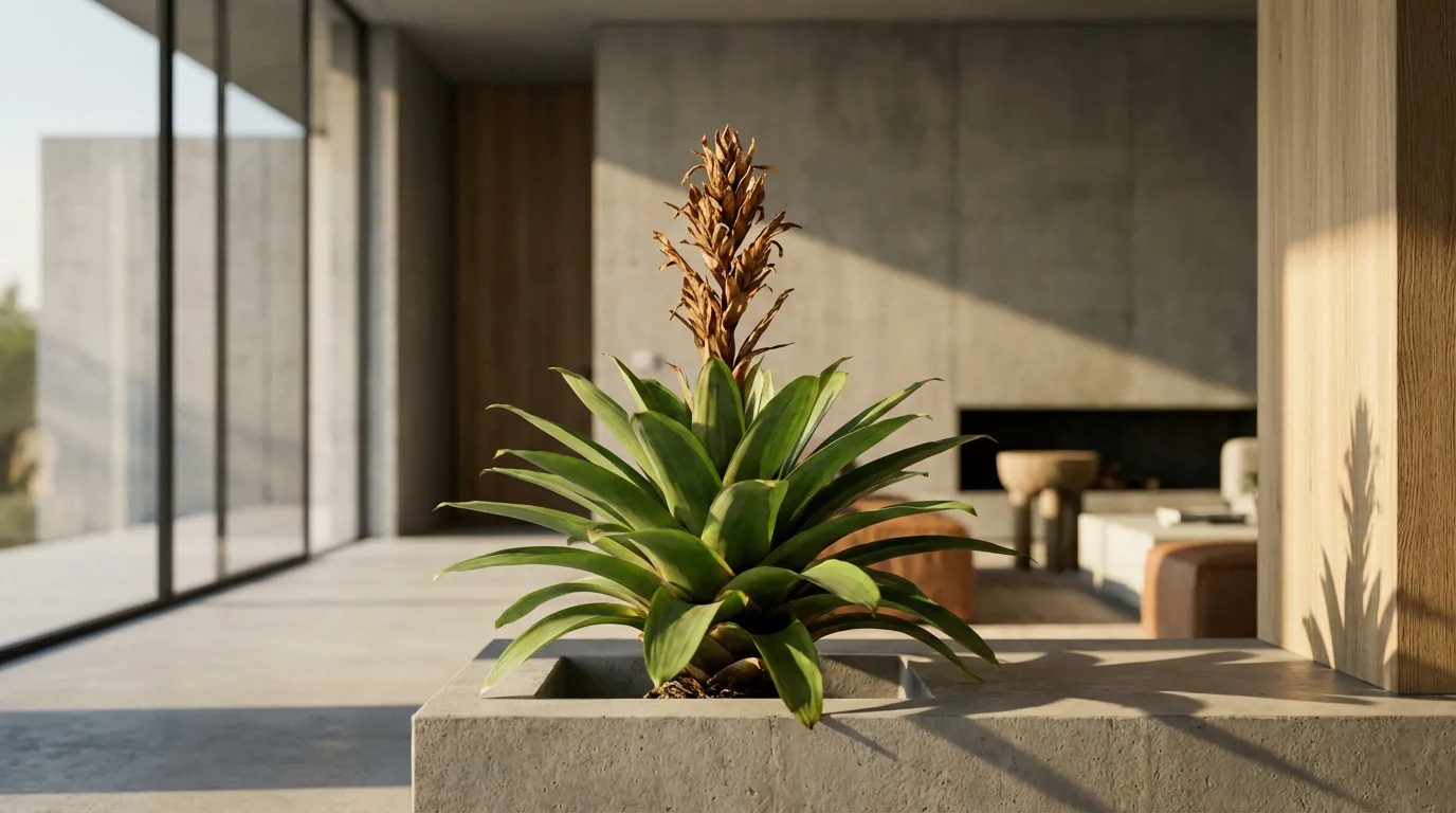 Photographie cinématique d'une plante Vriesea dont la fleur centrale est sèche, posée dans un intérieur élégant, symbolisant le cycle de la nature.