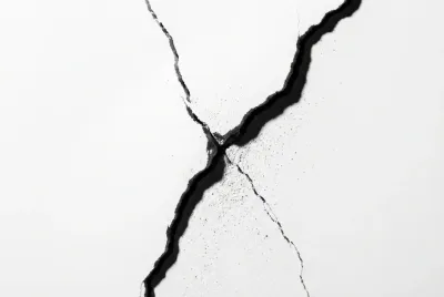 Gros plan symbolique d'une fissure apparaissant sur un mur blanc, représentant la première étape pour abattre une cloison entre la cuisine et le salon.