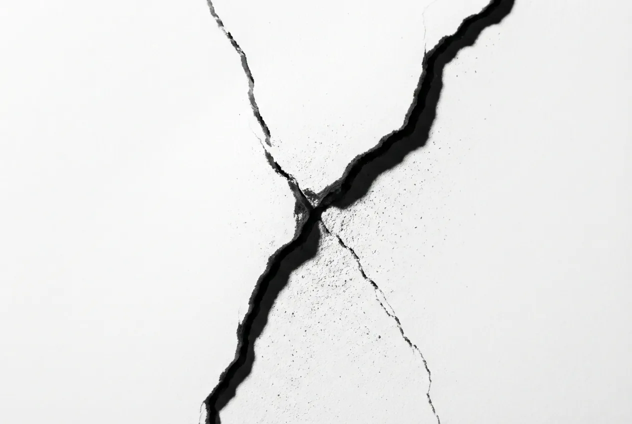 Gros plan symbolique d'une fissure apparaissant sur un mur blanc, représentant la première étape pour abattre une cloison entre la cuisine et le salon.